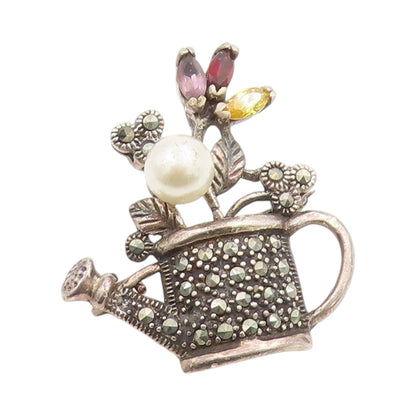 925 Sterling Silver Vintage Brooch Pearl & Multi Gemstone Watering Can  BP12026