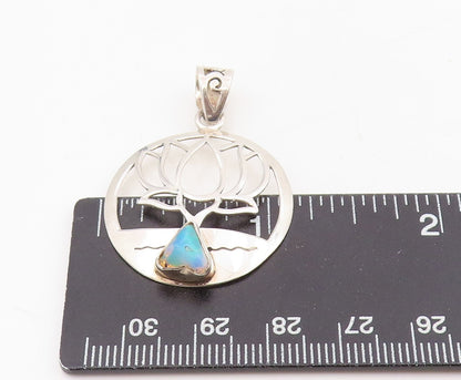 925 Sterling Silver Vintage Pendant Fire Opal Lotus Flower Cutout Medal  PT25565
