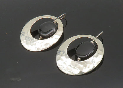 925 Sterling Silver  Vintage Black Onyx Hammered Oval Dangle Earrings  EG10360