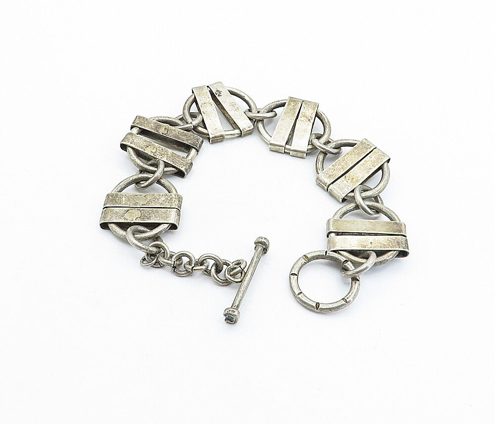 925 Sterling Silver  Vintage Antique Wrapped Circle Link Chain Bracelet BT2671