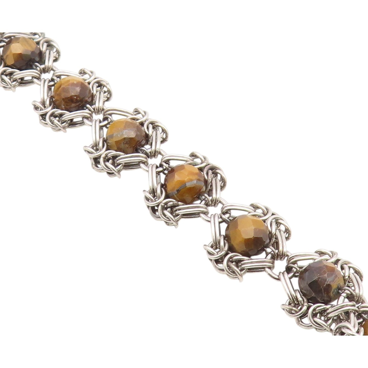 925 Sterling Silver  Vintage Faceted Tiger's Eye Beaded Chain Bracelet  BT8269