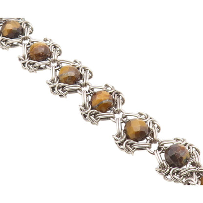 925 Sterling Silver  Vintage Faceted Tiger's Eye Beaded Chain Bracelet  BT8269