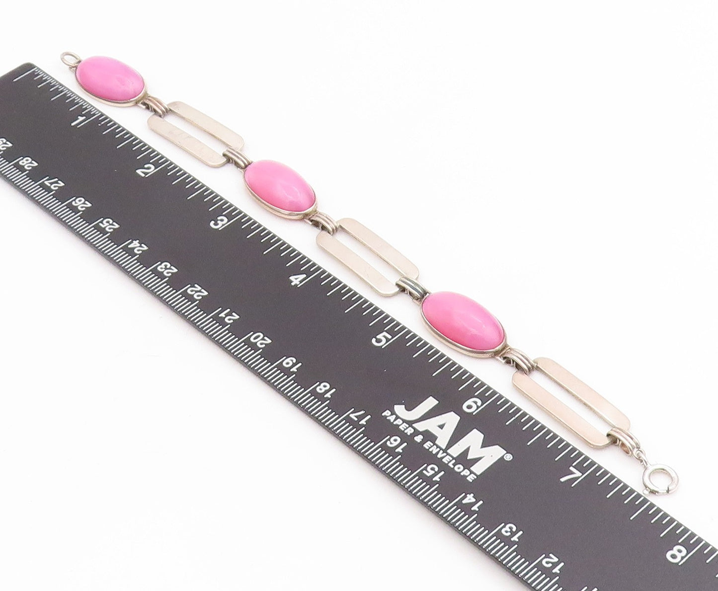 925 Sterling Silver Vintage Bracelet Oval Pink Gemstone Geometric Link  BT11687