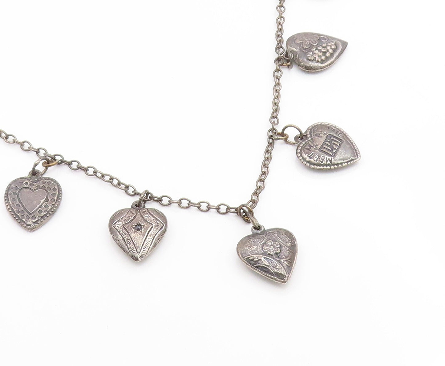 925 Sterling Silver Vintage Necklace Etched Love Heart Charm Motif Chain  NE4832