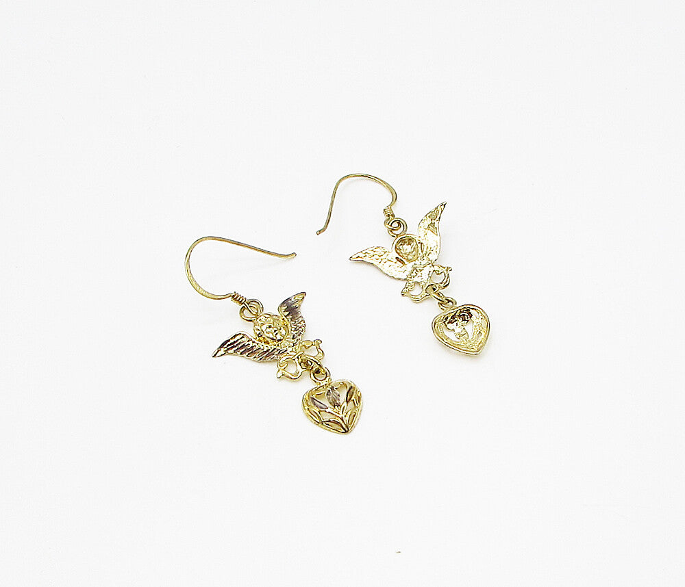 Gold Over 925 Sterling Silver Shiny Love Angel Drop Earrings EG1861
