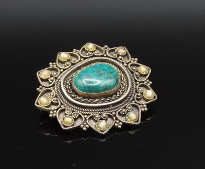 ISRAEL 925 Silver  Vintage Beaded & Twisted Rope Chrysocolla Brooch Pin BP9933