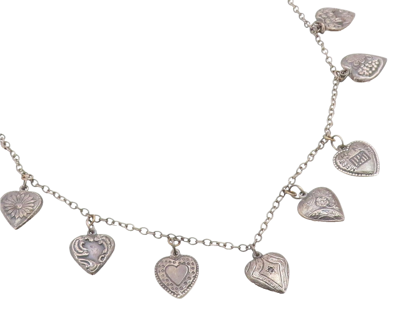 925 Sterling Silver Vintage Necklace Etched Love Heart Charm Motif Chain  NE4832