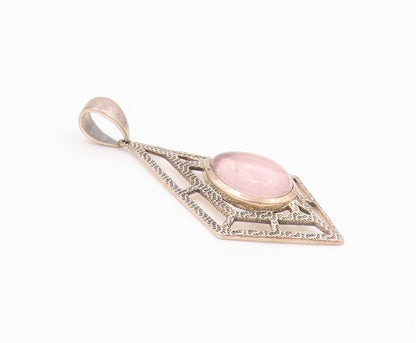 925 Sterling Silver Vintage Pendant Cabochon Rose Quartz Geometric Frame PT26479