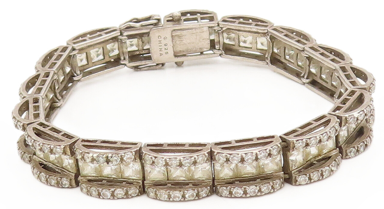 925 Sterling Silver Vintage Square And Round CZ 3 Chain Bridge Bracelet BT9937
