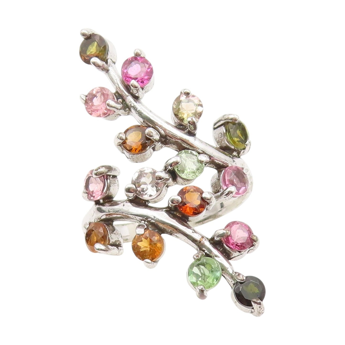 925 Sterling Silver Vintage Ring Multi Gemstone Bypass Leaf Branch Sz 9 RG34289