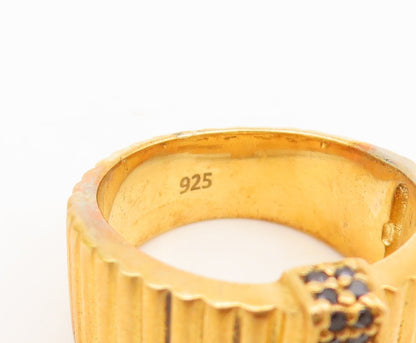 925 Sterling Silver Vintage Ring Gold Plated Fence Grooved Spinel Sz 7.5 RG29622