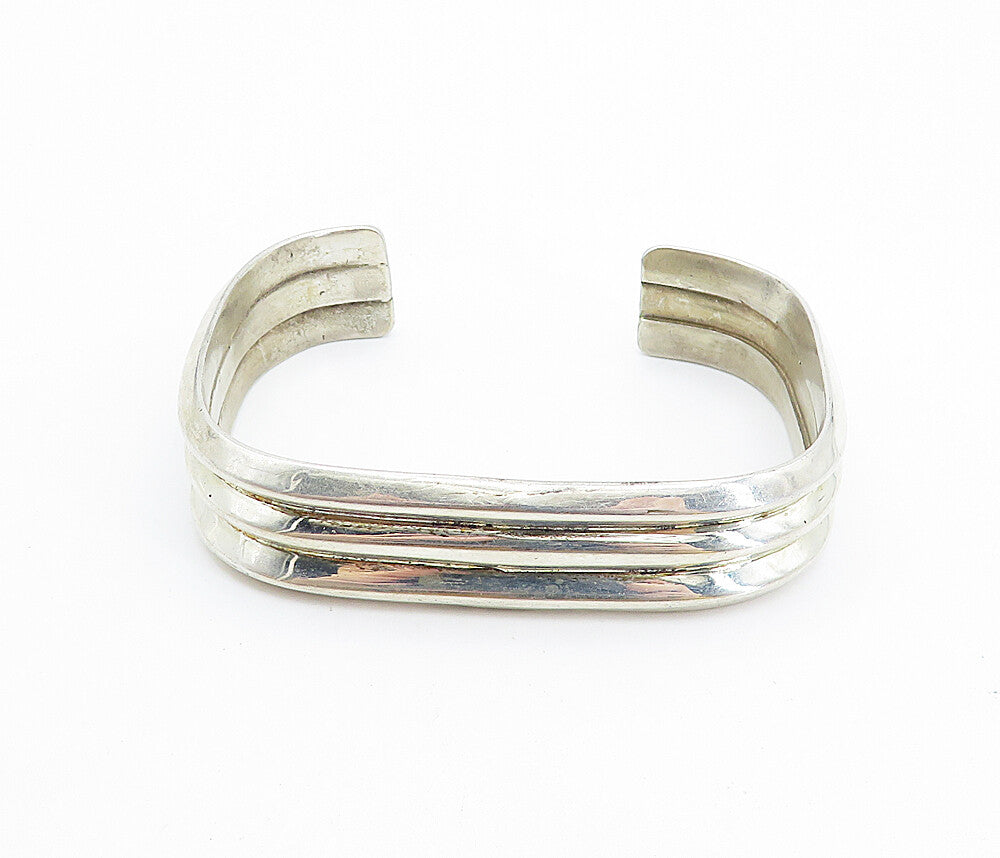 MEXICO 925 Sterling Silver  Vintage Shiny Fluted Square Cuff Bracelet  BT2812