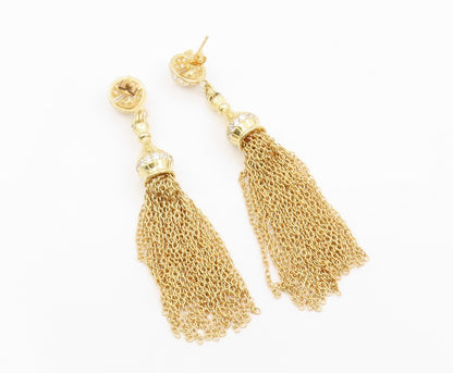 925 Sterling Silver Vintage Earrings Gold Plated CZ Chain Tassel Drop  EG14144