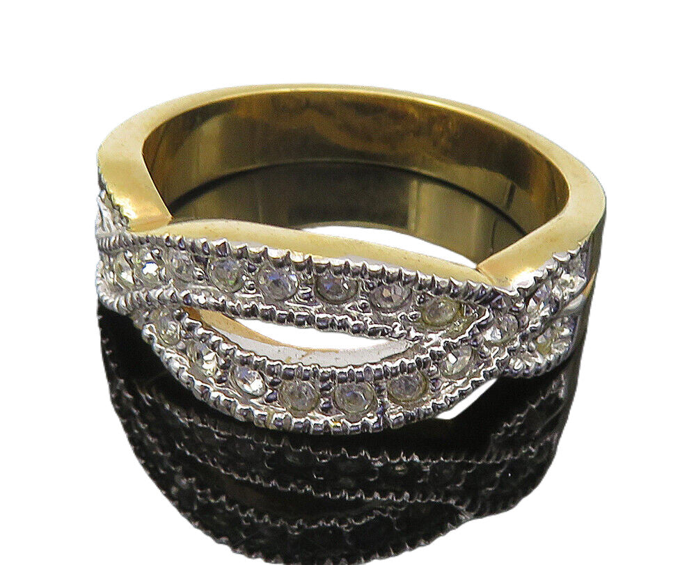 925 Sterling Silver  Sparkling Topaz Shiny Two Tone Band Ring Sz 9  RG10636