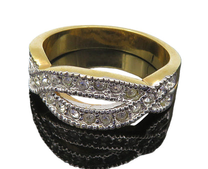 925 Sterling Silver  Sparkling Topaz Shiny Two Tone Band Ring Sz 9  RG10636