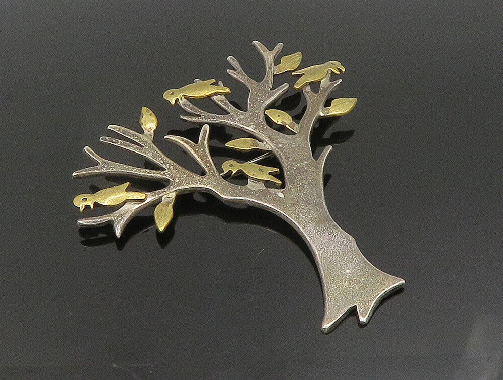 MEXICO 925 Silver  Vintage Two Tone Tree Branch With Birds Brooch Pin  BP9529