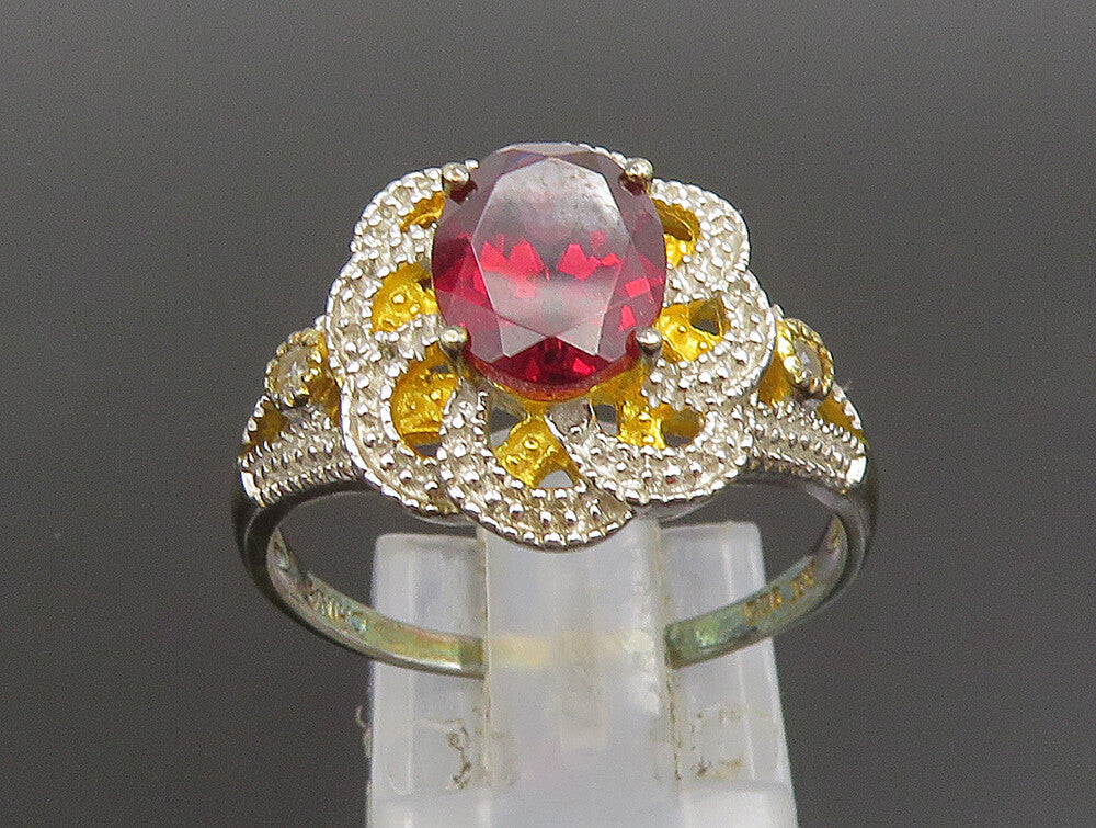 925 Silver  Vintage Two Tone Garnet & Topaz Floral Swirl Ring Sz 10  RG25309