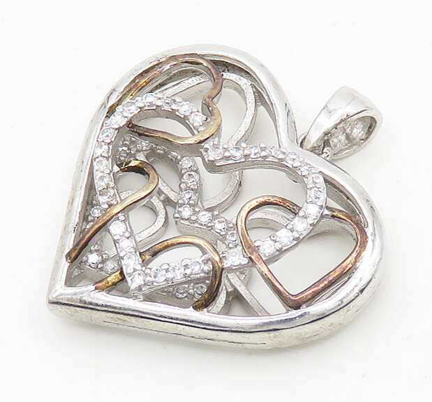 925 Sterling Silver  Topaz Shiny Two Tone Open Love Heart Pendant  PT14616