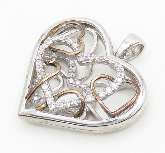 925 Sterling Silver  Topaz Shiny Two Tone Open Love Heart Pendant  PT14616