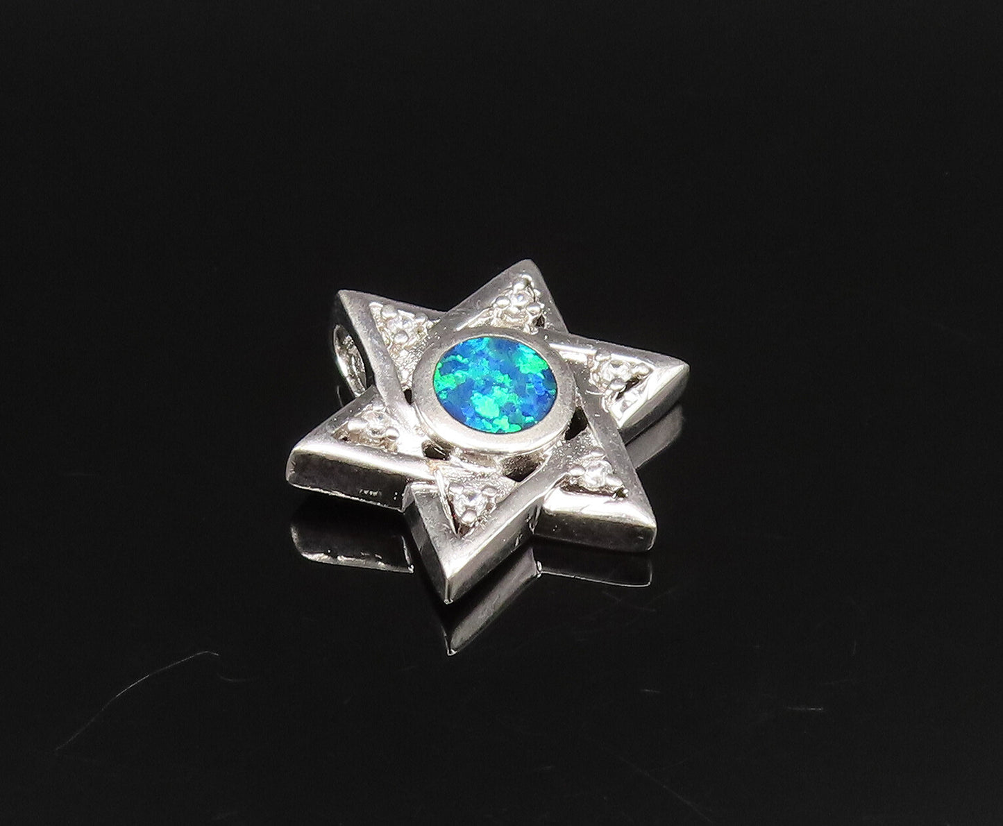 925 Sterling Silver Vintage Inlaid Blue Fire Opal & Topaz Star Pendant PT21553