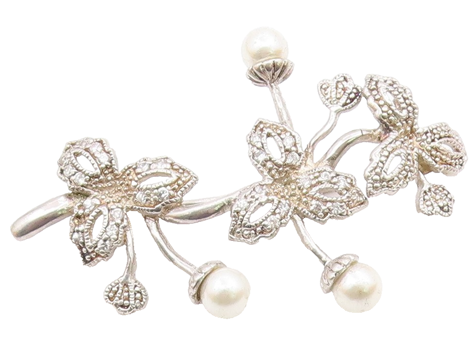 925 Silver  Vintage Fancy Freshwater Pearls & Topaz Stem Brooch Pin  BP10065