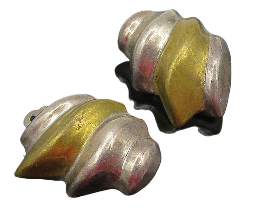 MEXICO 925 Sterling Silver  Vintage 2 Tone Hollow Non Pierce Earrings  EG6308