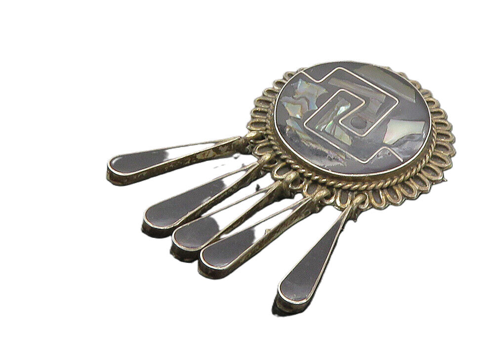 MEXICO 925 Sterling Silver  Vintage Abalone Shell Mosaic Brooch Pin  BP3847
