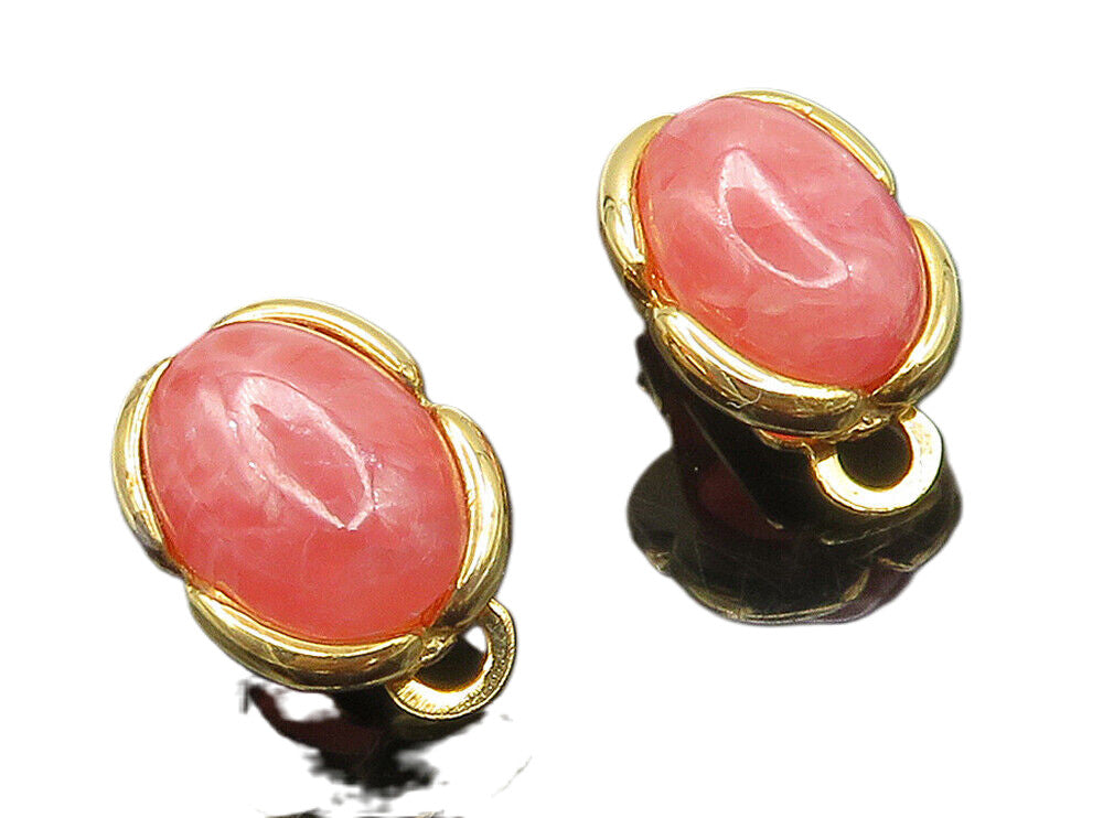 925 Silver  Cabochon Pink Quartz Shiny Gold Plated Non Pierce Earrings  EG8050