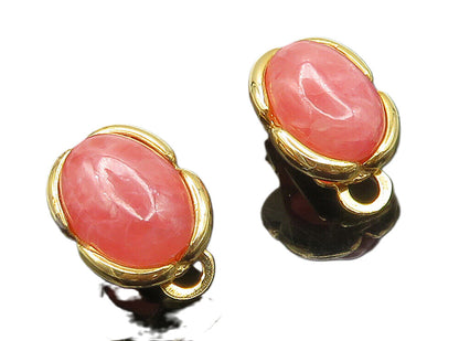 925 Silver  Cabochon Pink Quartz Shiny Gold Plated Non Pierce Earrings  EG8050
