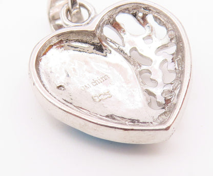 925 Sterling Silver  Vintage Inlaid Blue Fire Opal Love Heart Pendant  PT16276