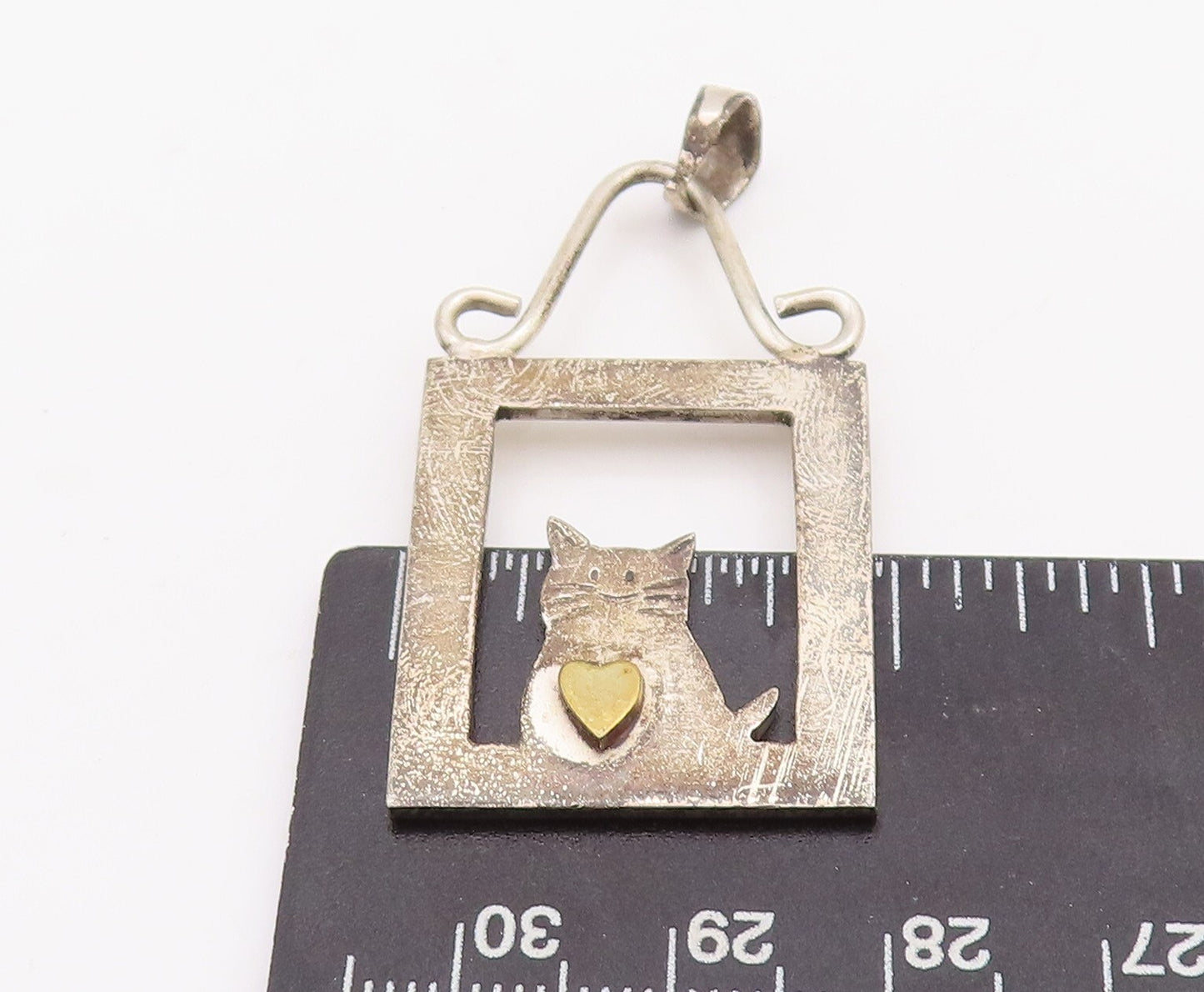 925 Sterling Silver Vintage Pendant MEXICO Framed Cat With Heart  PT23356