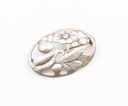 925 Sterling Silver  Vintage Shiny Floral Motif Oval Brooch Pin  BP8599