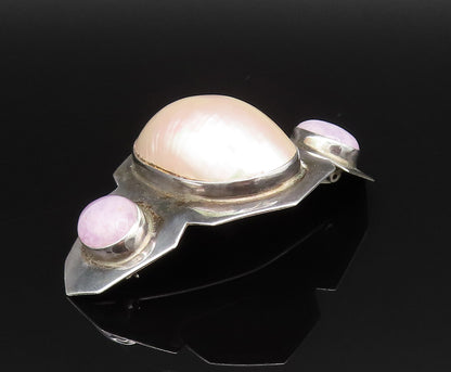 DESIGNER 925 Silver  Vintage Mother Of Pearl & Purple Jade Brooch Pin  BP9802