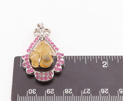 925 Sterling Silver Vintage Pendant Leaf Carved Citrine Ruby Inlay Frame PT22849
