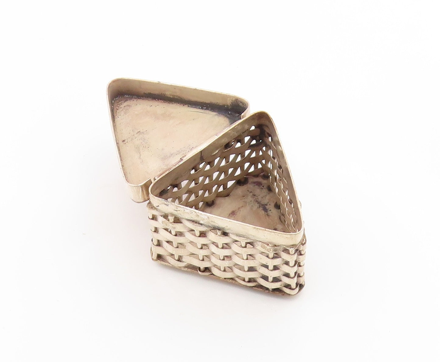 925 Sterling Silver Vintage Trinket Box MEXICO Triangular Basketweave  TR4221