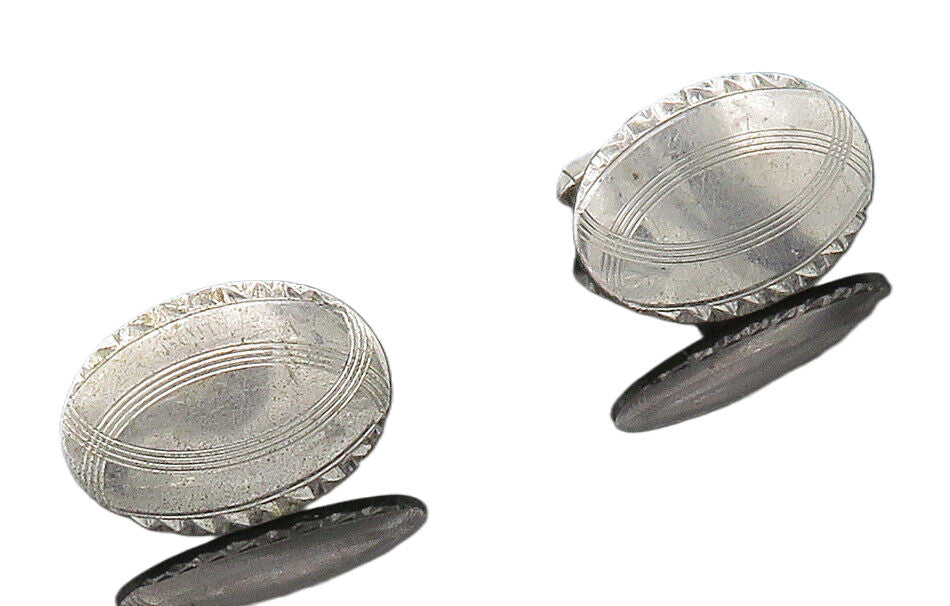 925 Sterling Silver  Vintage Shiny Oval Etched Detail Cufflinks  TR2168