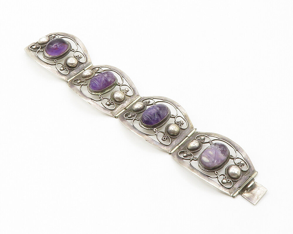 MEXICO 925 Silver  Vintage Face Carved Amethyst Swirl Chain Bracelet  BT5515