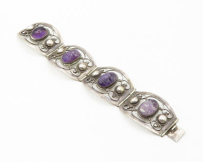 MEXICO 925 Silver  Vintage Face Carved Amethyst Swirl Chain Bracelet  BT5515