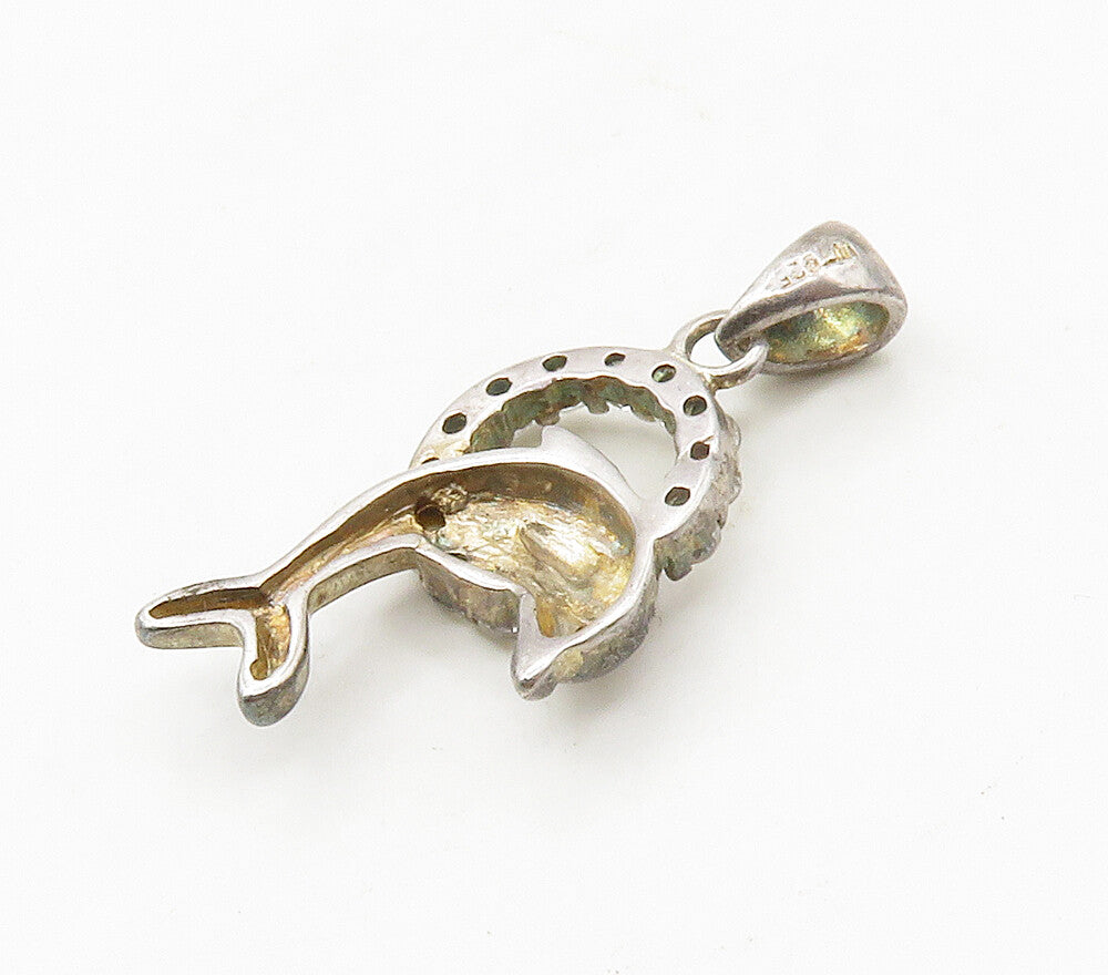 925 Sterling Silver  Vintage Cubic Zirconia Leaping Dolphin Pendant  PT13277