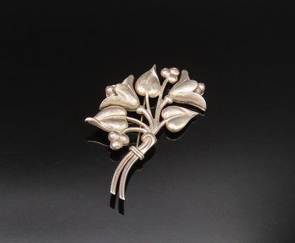 NORSELAND 925 Silver  Vintage Carved Tulip Flower Bouquet Brooch Pin  BP9803