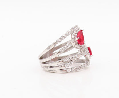 925 Sterling Silver Vintage Ring Designer Cut Red & White CZ Bands Sz 7  RG30498