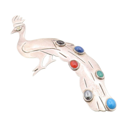 925 Sterling Silver Vintage Brooch Pin MEXICO Multi Gemstone Peacock  BP12262