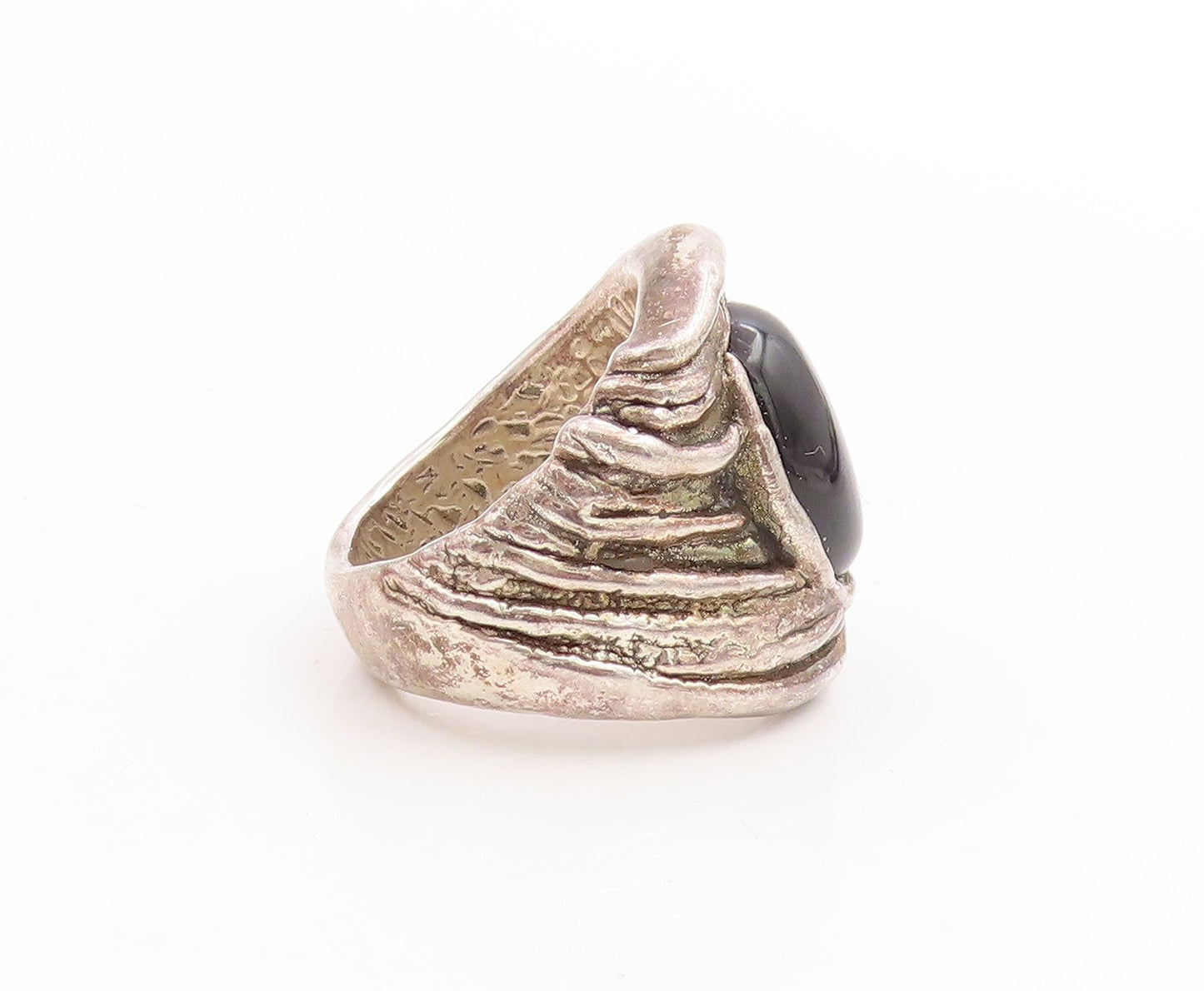 925 Sterling Silver Vintage Ring ISRAEL Oval Onyx Brutalist Band  Sz 10  RG34115