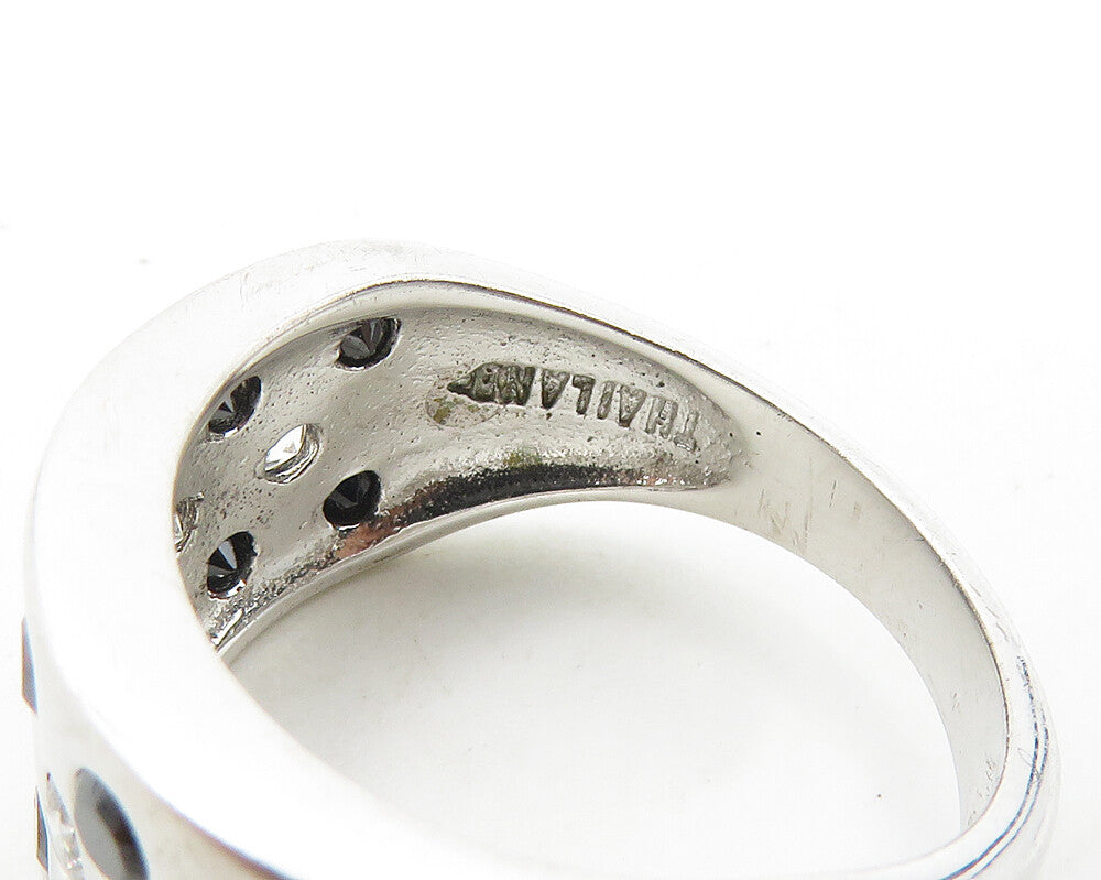 925 Sterling Silver  Black Hematite & Topaz Dotted Band Ring Sz 6  RG18458