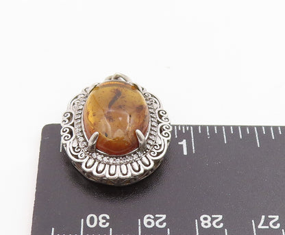 925 Sterling Silver Vintage Pendant Cabochon Honey Amber Halo CZ Locket  PT25490