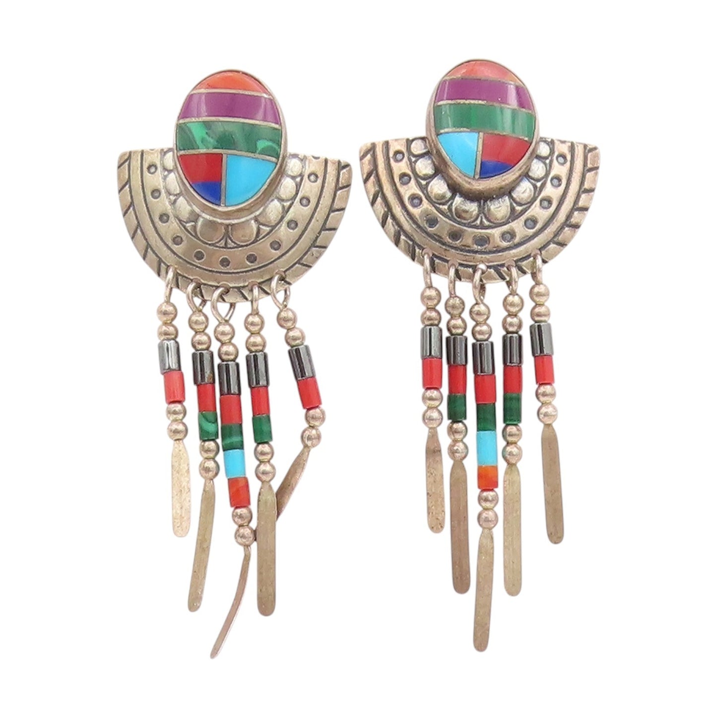 925 Sterling Silver Vintage Earrings NAVAJO Multi Gemstone Inlay Dangle  EG13816