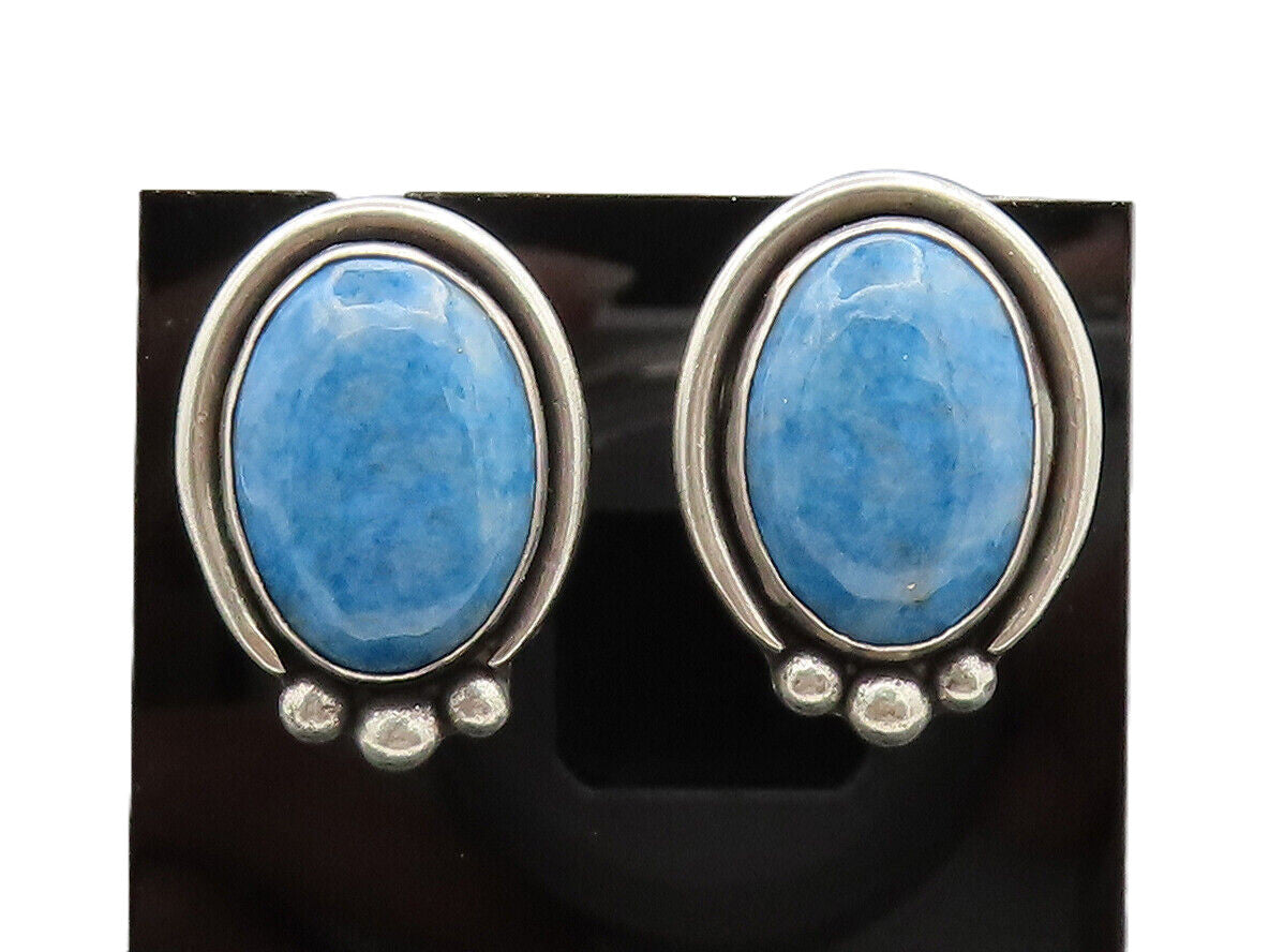 925 Silver  Vintage Oval Blue Aventurine Halo Solid Border Earrings  EG12586
