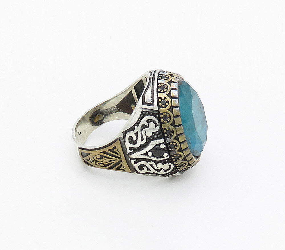 925 Sterling Silver  Vintage Blue Topaz 2 Tone Cocktail Ring Sz 10.5  RG16925