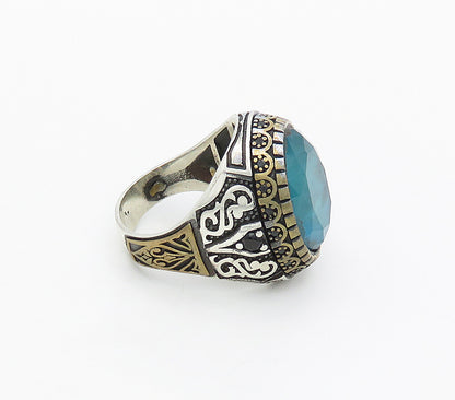 925 Sterling Silver  Vintage Blue Topaz 2 Tone Cocktail Ring Sz 10.5  RG16925