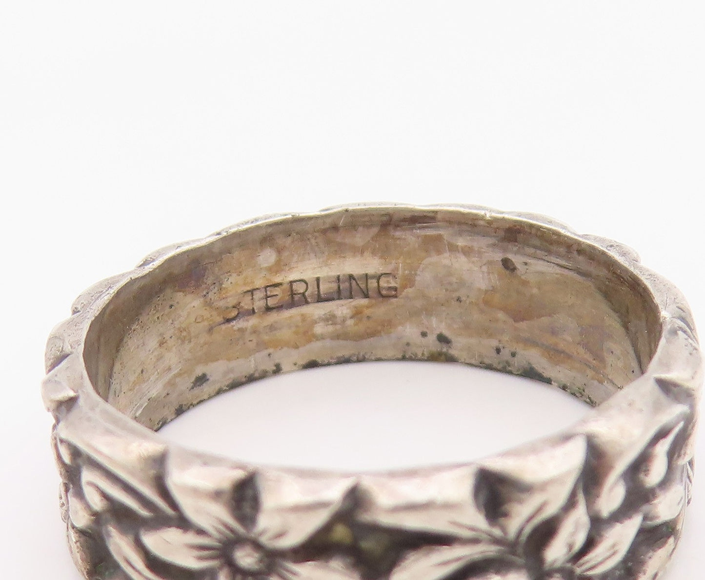 925 Sterling Silver Vintage Ring Carved Daisy Floral Vine Band  Sz 7.5  RG36318